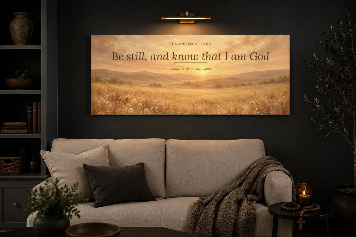 Custom scripture canvas with family name and Bible verse above a sofa in a charcoal living room