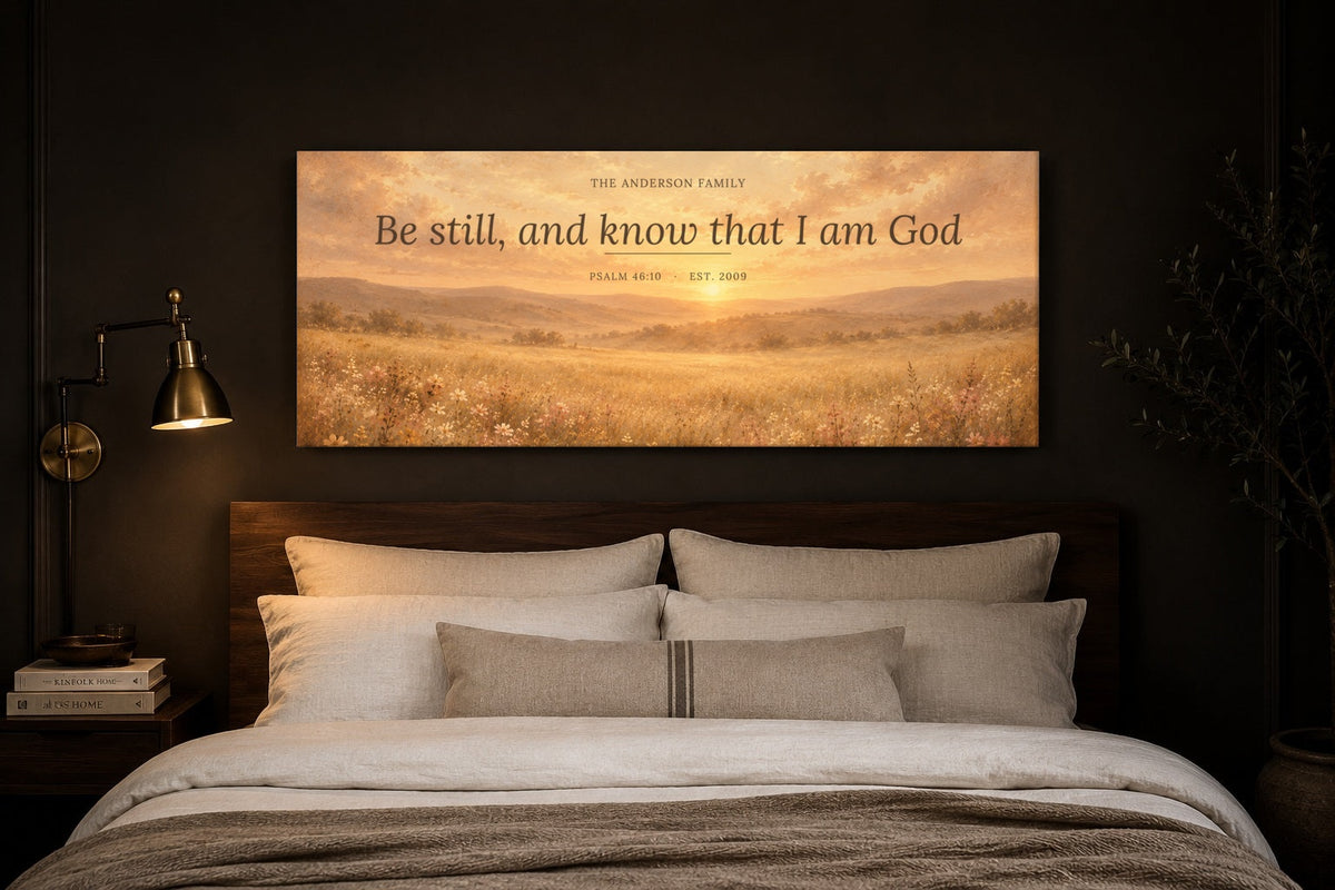 Custom scripture canvas above a bed in an espresso bedroom