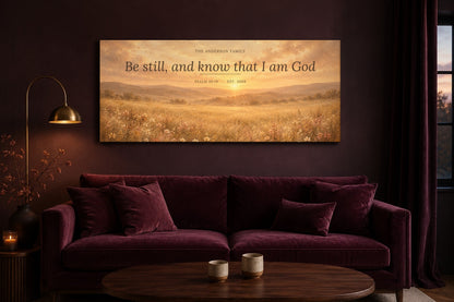 Custom scripture canvas above a velvet sofa in a plum living room