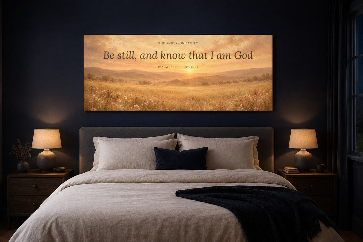 Custom scripture canvas above a bed in a navy bedroom