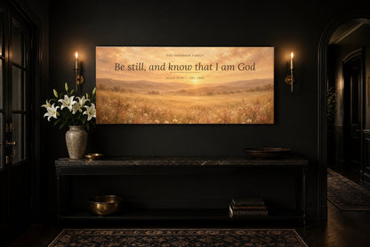 Custom scripture canvas in a black entryway with brass sconces