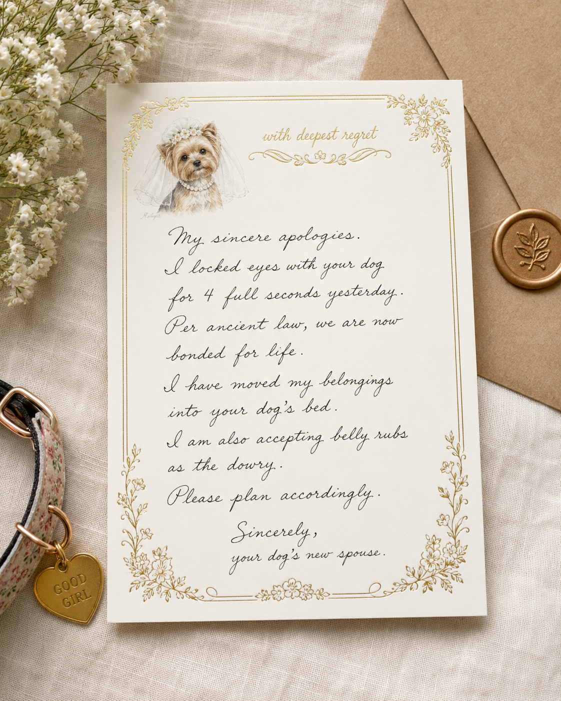 Locked Eyes with Your Dog Wedding Apology Card