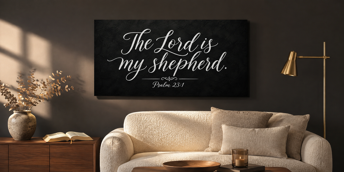 The Lord Is My Shepherd Psalm 23 Christian canvas on a charcoal living room wall above a cream sofa with brass floor lamp and open Bible