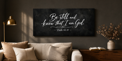 Be Still and Know Psalm 46:10 Christian canvas on charcoal living room wall above cream sofa with brass floor lamp and open Bible