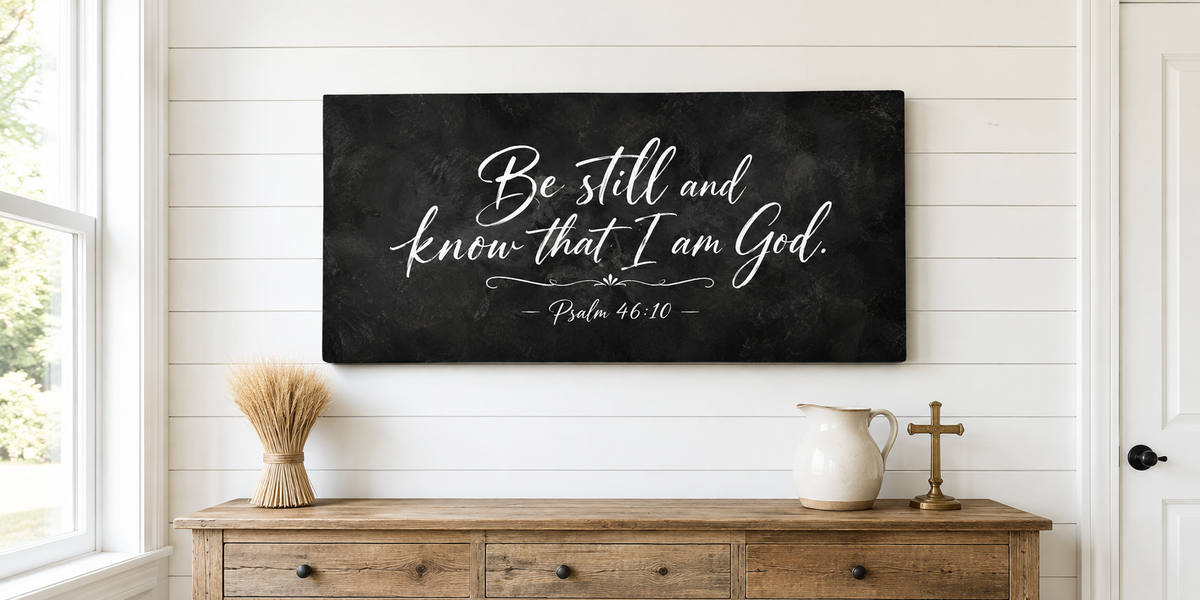 Be Still and Know Psalm 46:10 canvas on whitewashed farmhouse shiplap wall above rustic console with dried wheat and brass cross