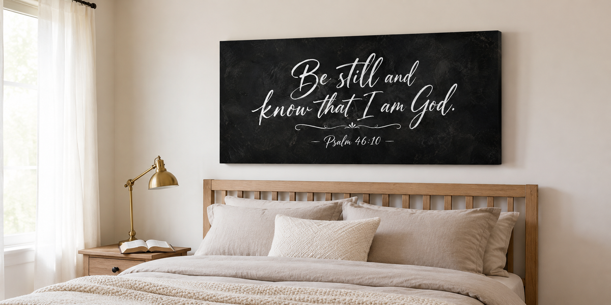 Be Still and Know Psalm 46:10 canvas above a light oak headboard in a modern Christian bedroom with taupe linen bedding and brass reading lamp
