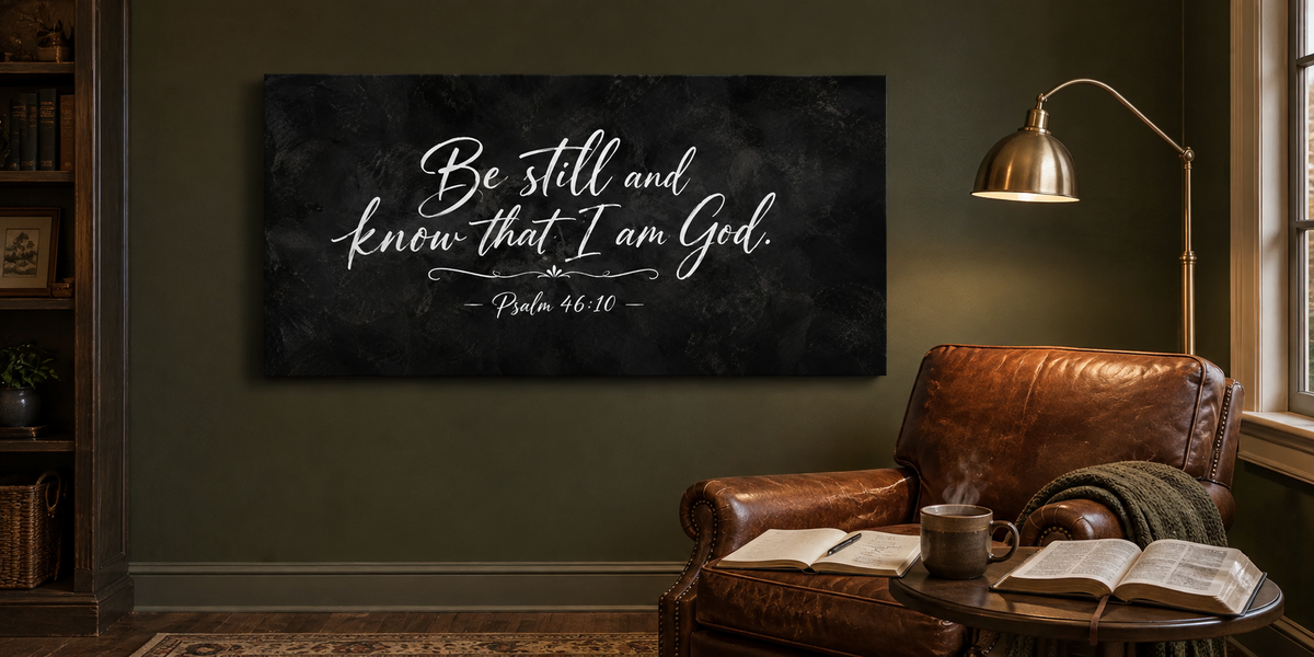 Be Still and Know Psalm 46:10 canvas in a prayer and study corner with leather reading chair, open journal, coffee and Bible