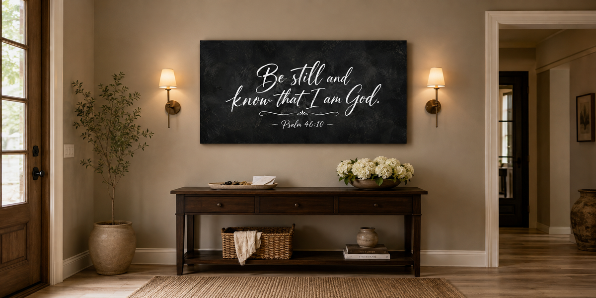 Be Still and Know Psalm 46:10 canvas above a walnut entryway console with brass sconces, key dish and fresh white blooms