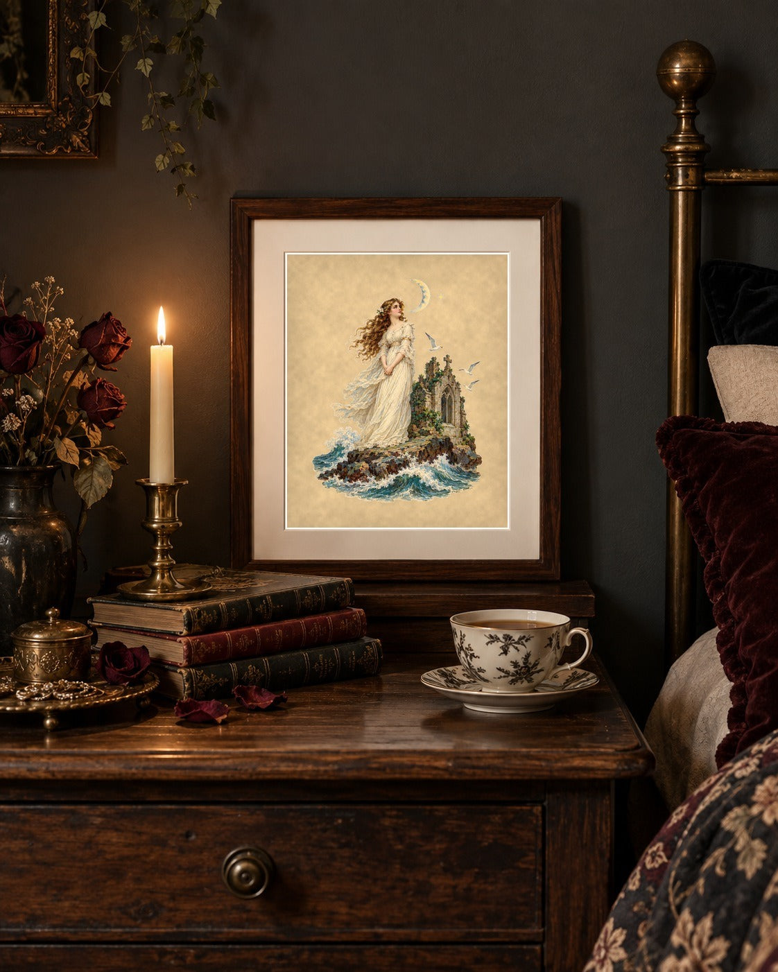 Annabel Lee print framed on a gothic bedside table with candle and roses