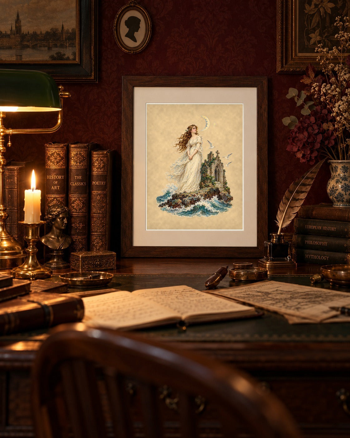 Annabel Lee print framed on a dark academia study desk with leather books and candle