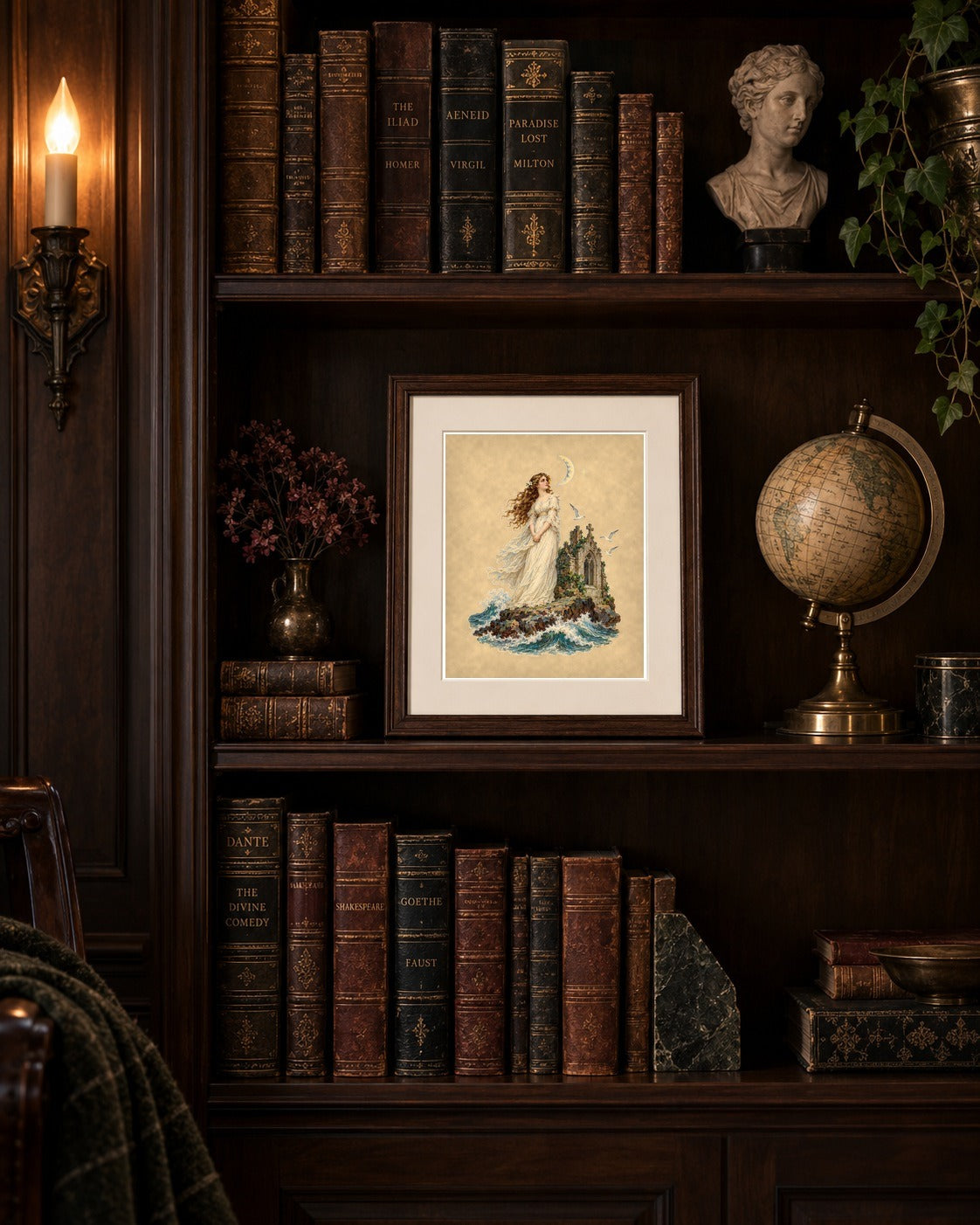 Annabel Lee print framed on a gothic library bookshelf with globe and bust