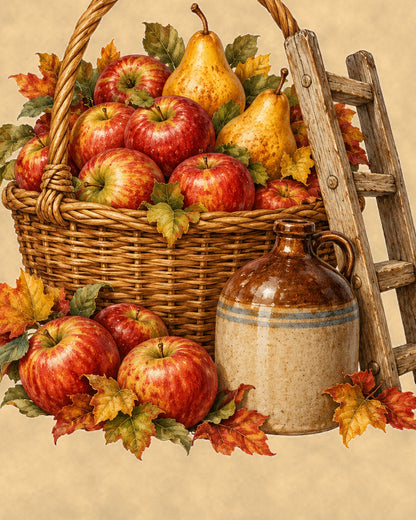 Close-up detail of the apple basket, pears and cider jug illustration