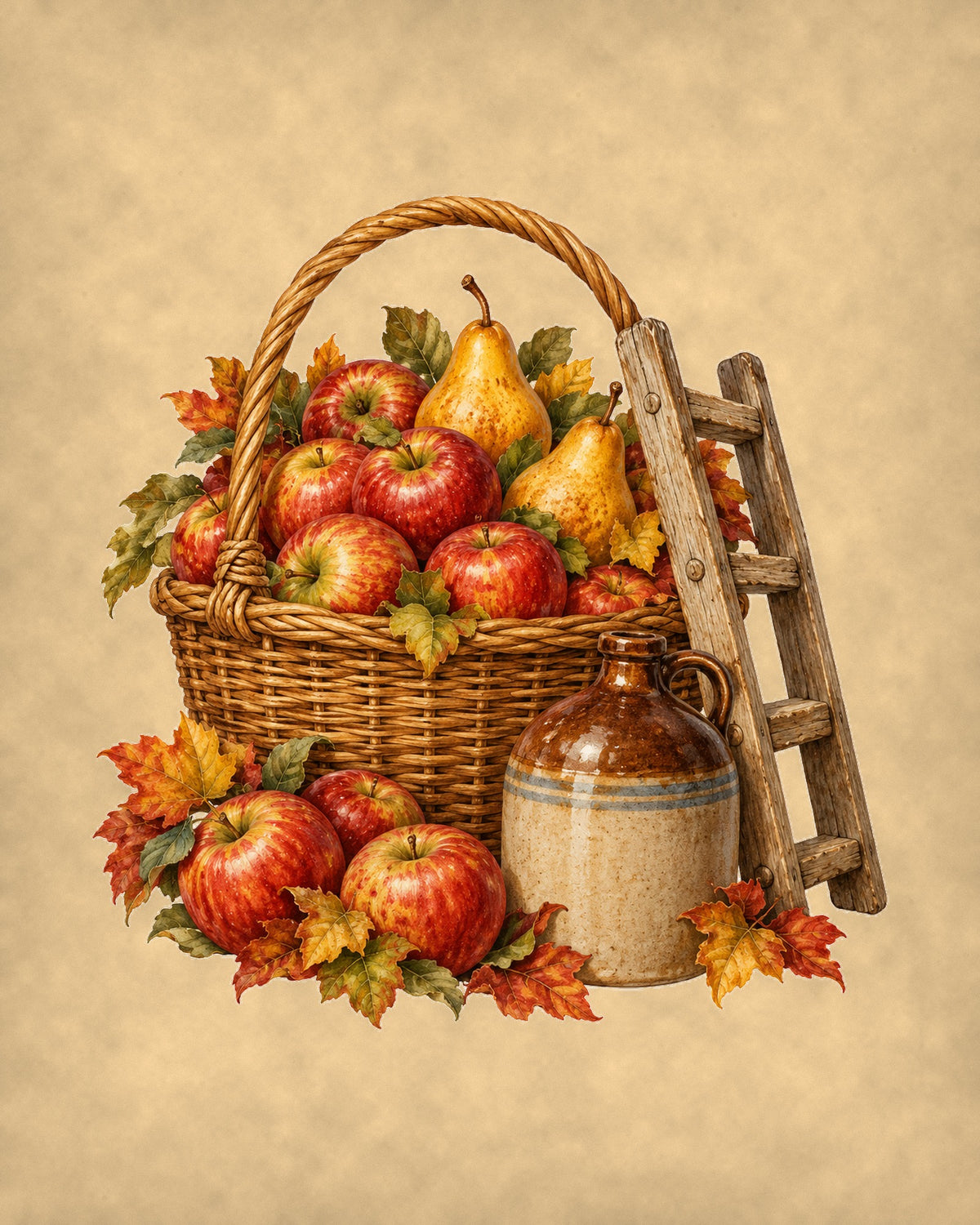 Vintage autumn apple harvest basket with pears, cider jug and leaves 8x10 art print on parchment