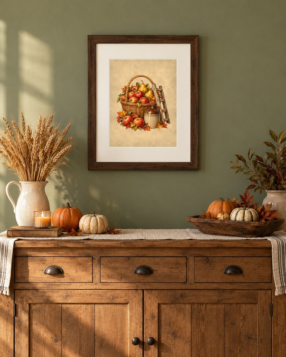 Apple harvest 8x10 print framed above a farmhouse sideboard with wheat and pumpkins