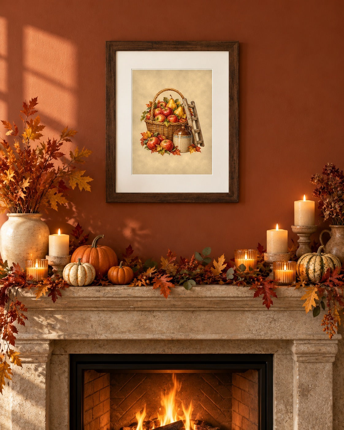 Apple harvest 8x10 print framed above a fireplace mantel with candles and autumn leaves