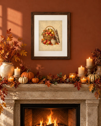 Apple harvest 8x10 print framed above a fireplace mantel with candles and autumn leaves