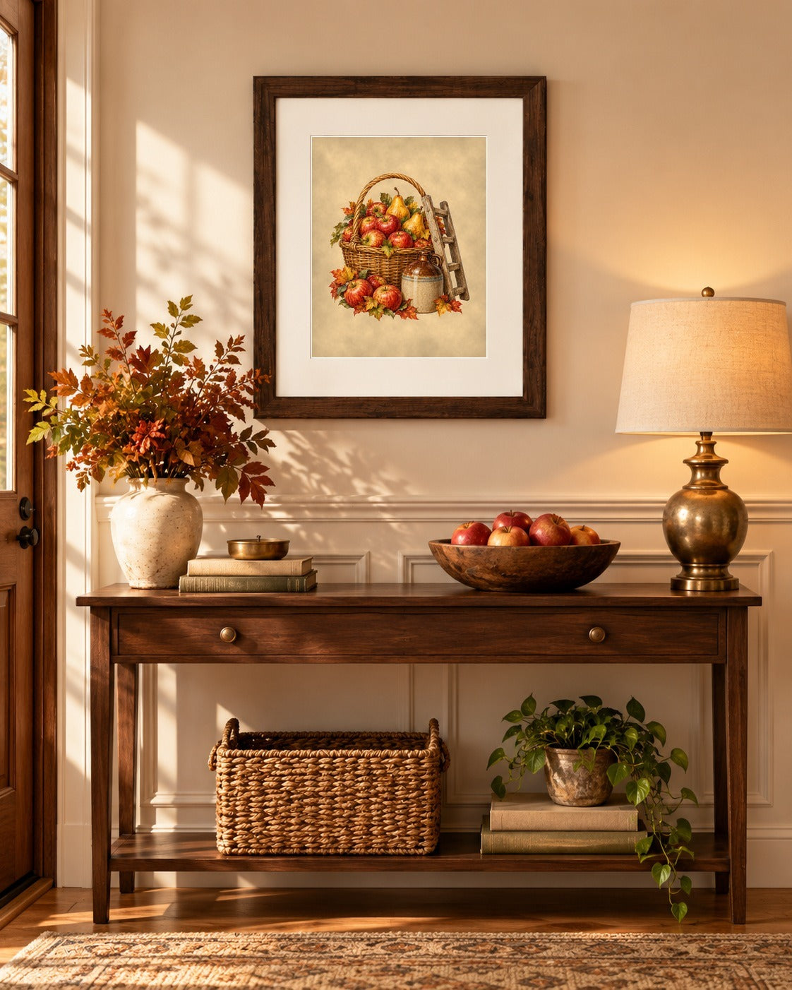 Apple harvest 8x10 print framed above an entryway console with a bowl of apples