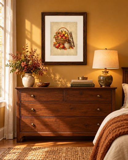 Apple harvest 8x10 print framed above a wooden bedroom dresser