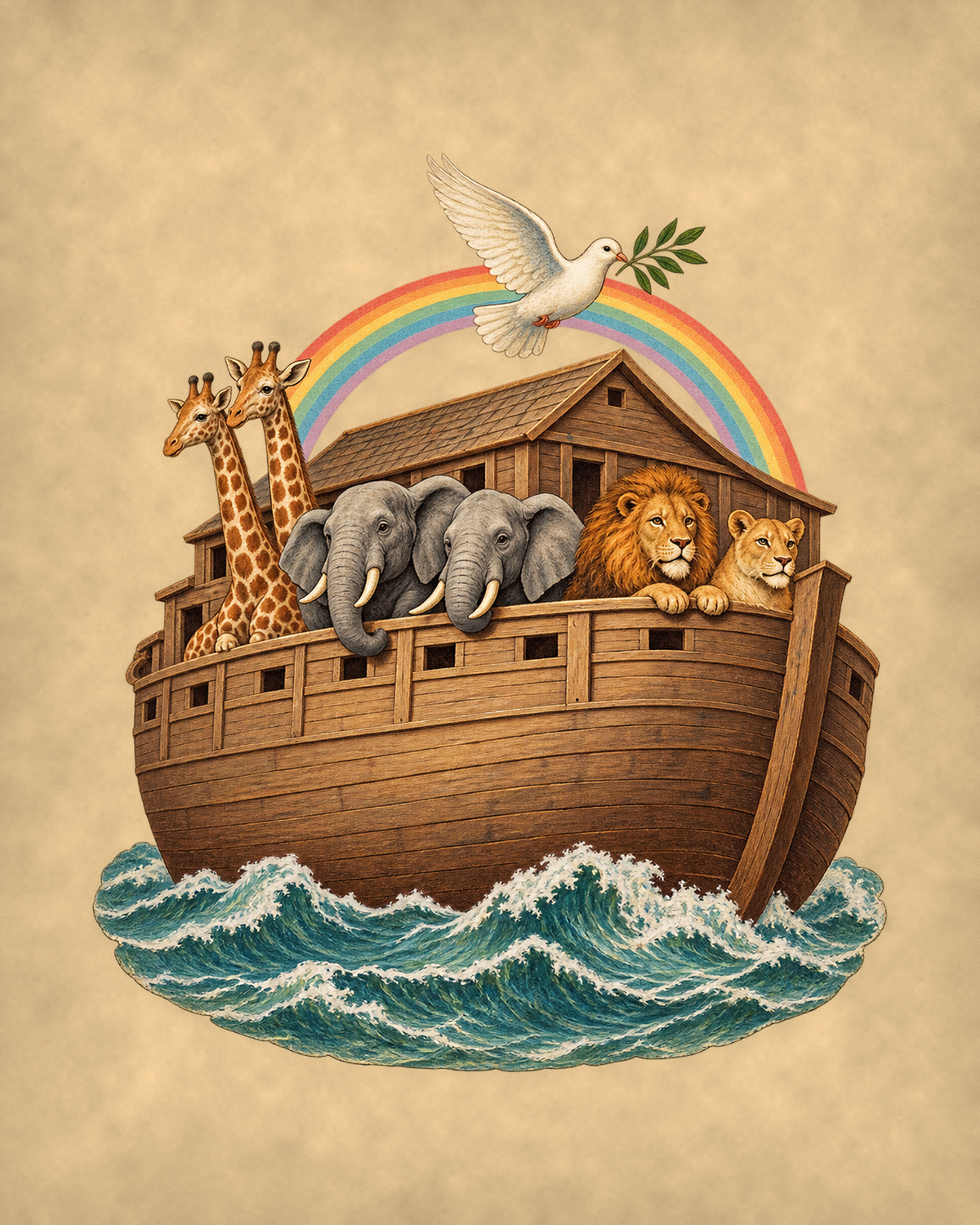 Noah's Ark vintage flat art on warm parchment