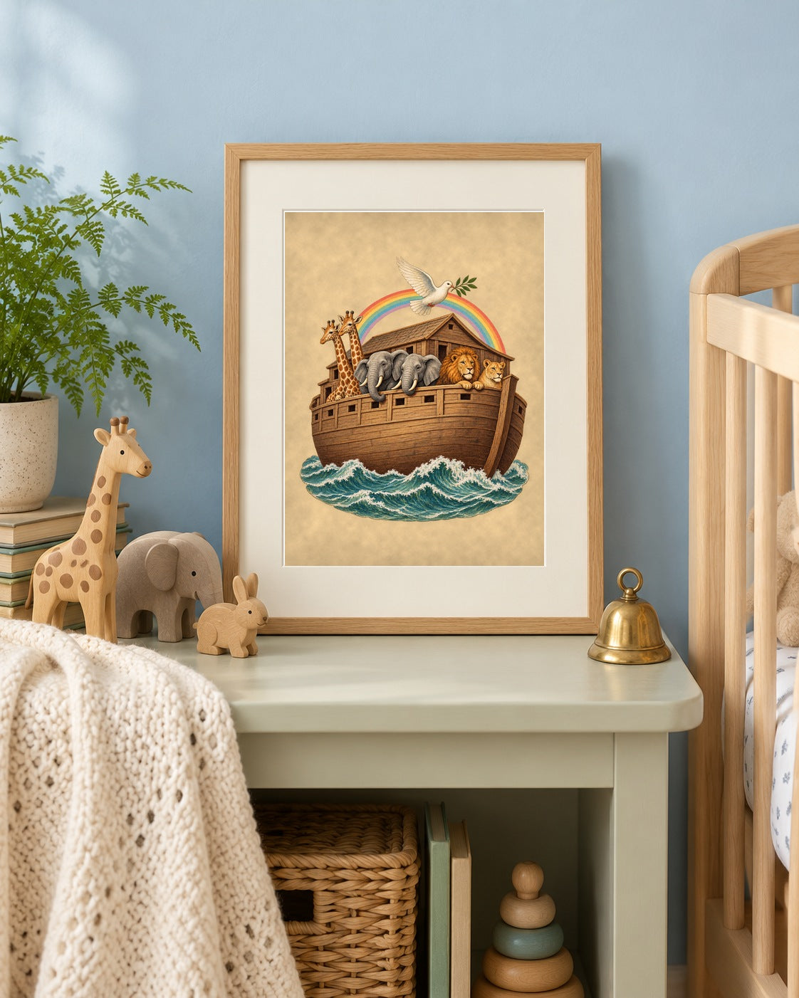 Noah's Ark print framed on a nursery shelf beside a crib with wooden toy animals