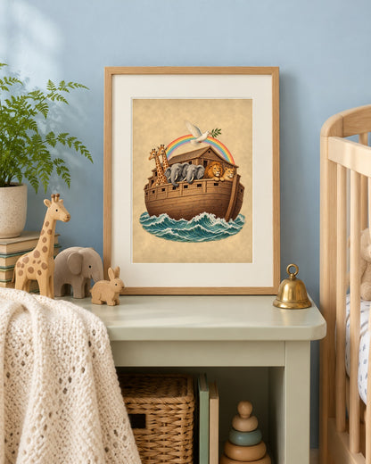 Noah's Ark print framed on a nursery shelf beside a crib with wooden toy animals