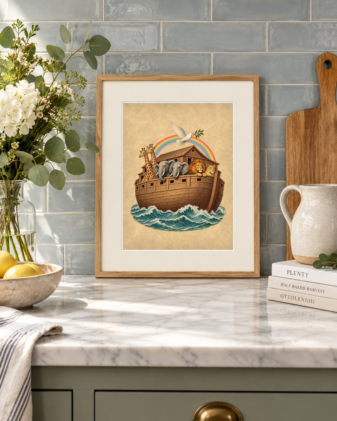 Noah's Ark print framed on a marble kitchen counter with eucalyptus and a cutting board