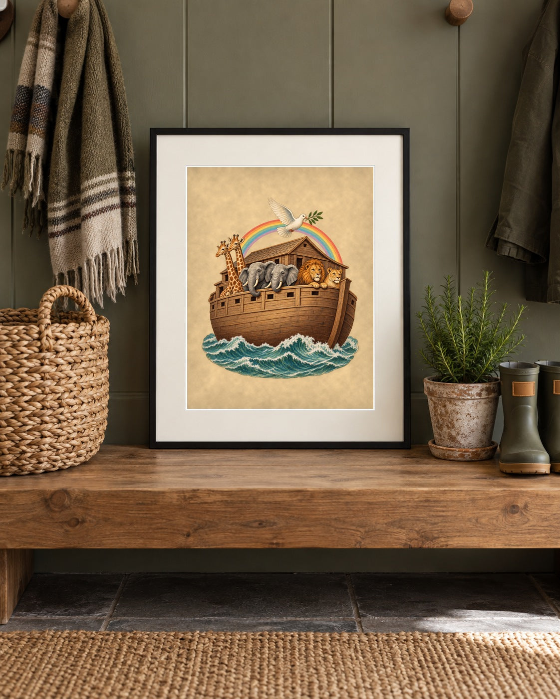 Noah's Ark print framed on a mudroom bench with a woven basket