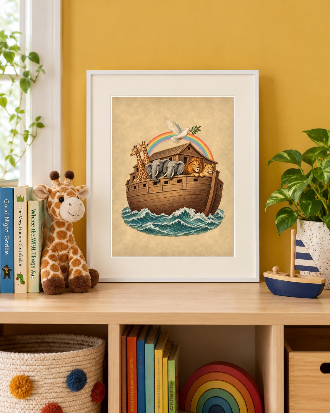 Noah's Ark print framed on a playroom bookshelf with a stuffed giraffe