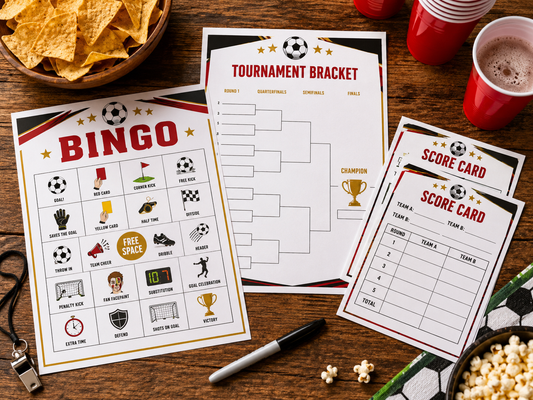 Soccer Watch Party Games Printable Bundle 2026 — Futbol Bingo Score Prediction Cards Bracket