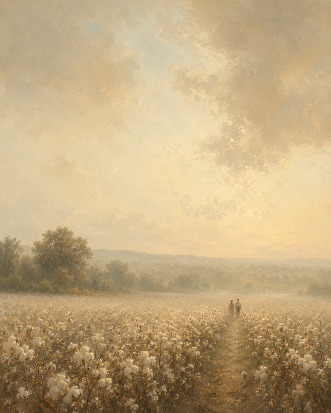 Misty golden cotton field painting with two small figures walking a path together, neutral personalized couples wall art