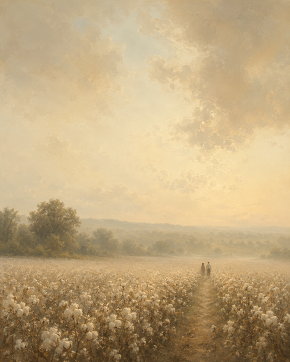 Misty golden cotton field painting with two small figures walking a path together, neutral personalized couples wall art