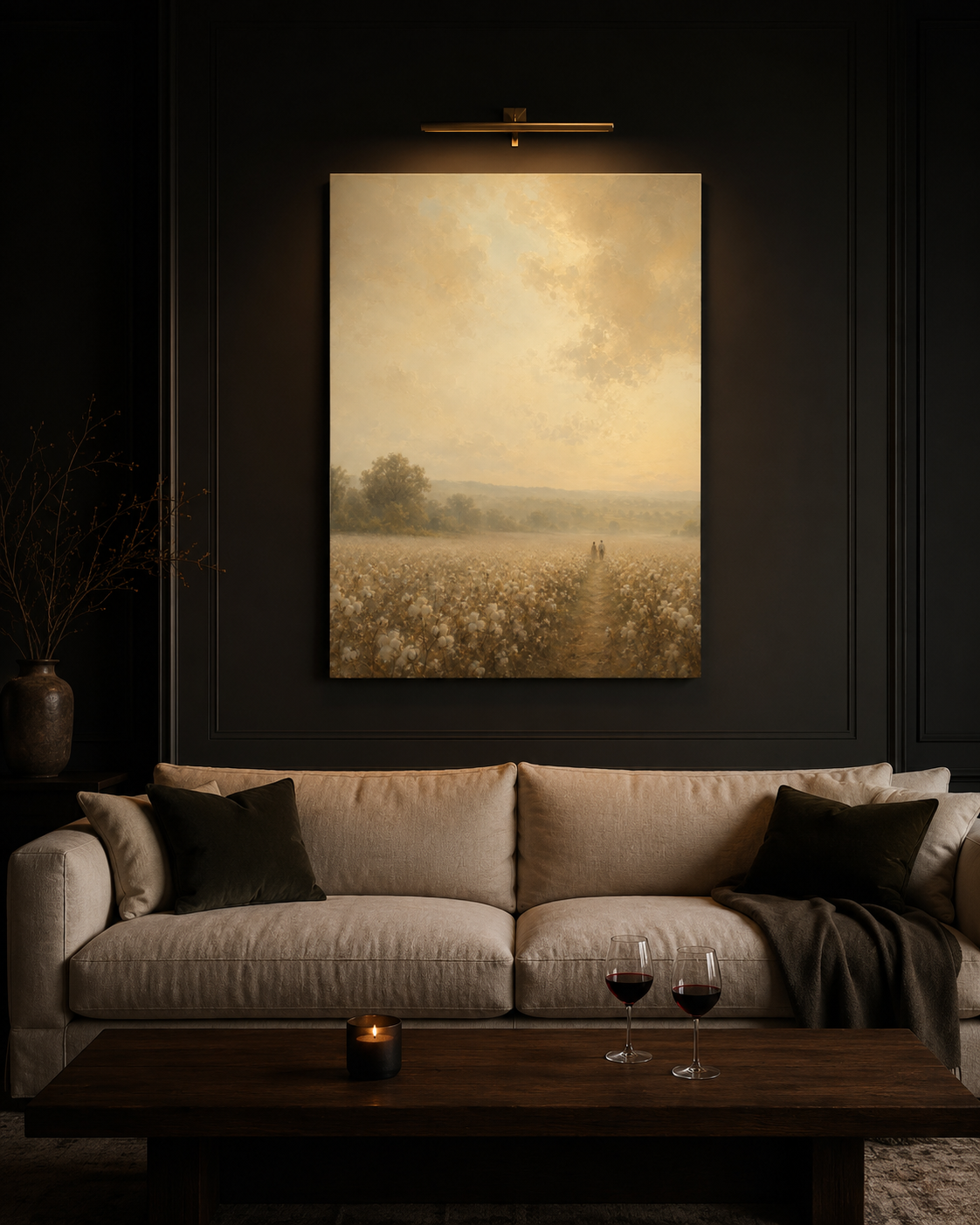 Cotton anniversary canvas on a charcoal living room wall above a cream linen sofa with two glasses of red wine and a candle