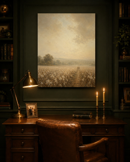 Personalized cotton field anniversary canvas hanging in a deep green study above a walnut desk with a framed couple photo and lit taper candles