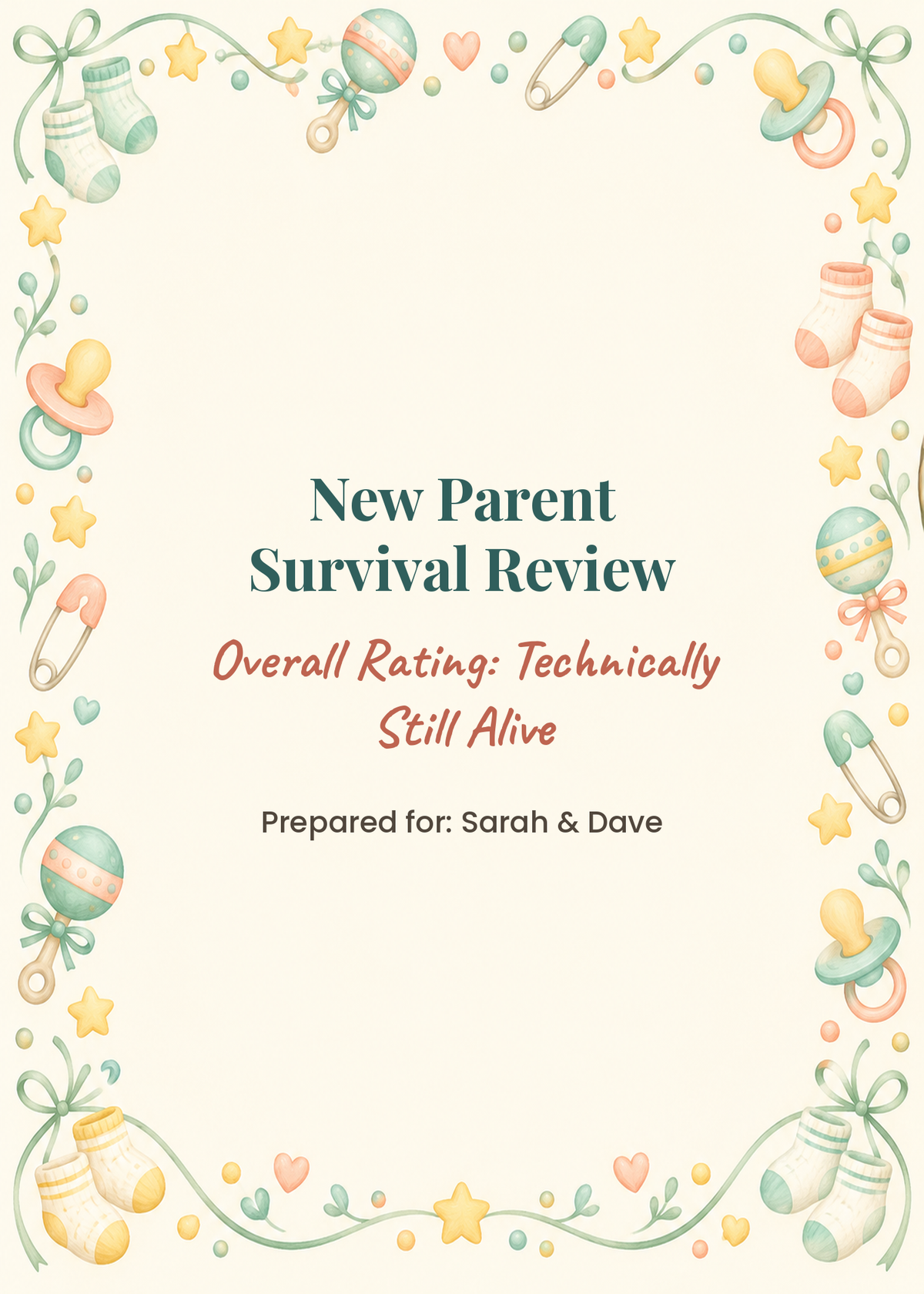 Card cover: New Parent Survival Review, Overall Rating Technically Still Alive