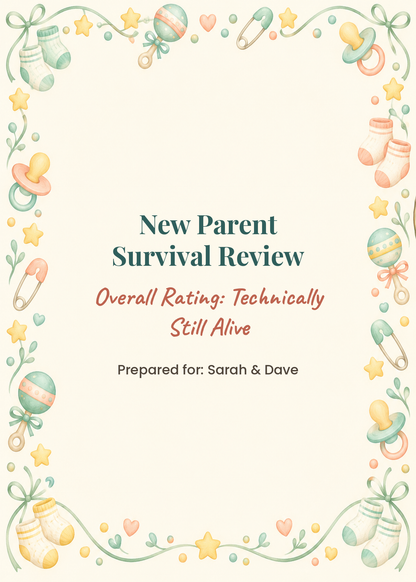 Card cover: New Parent Survival Review, Overall Rating Technically Still Alive