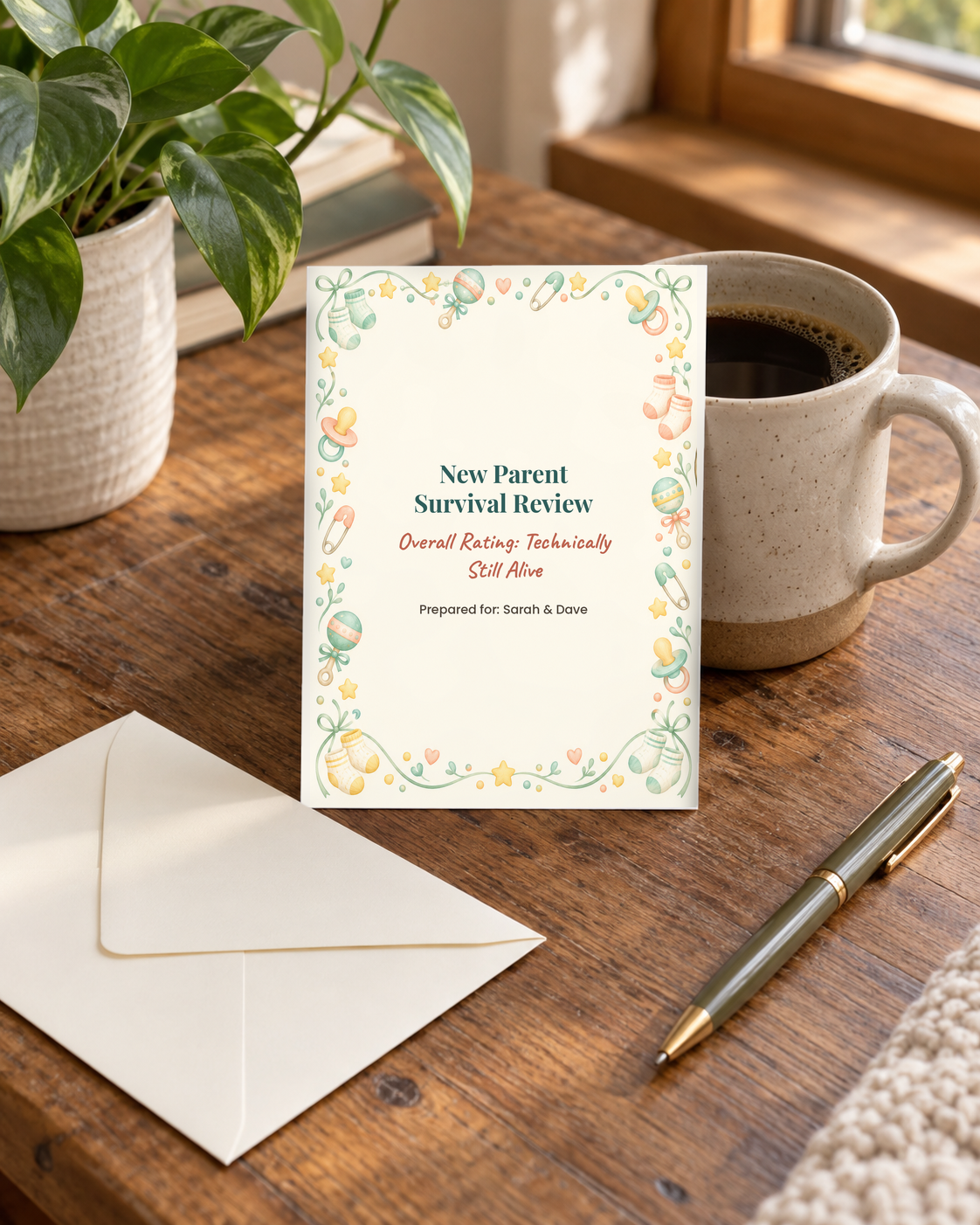 Funny new baby card on desk with envelope and pen