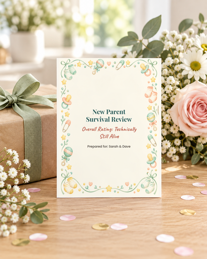 Funny new parent card styled with a wrapped gift and flowers