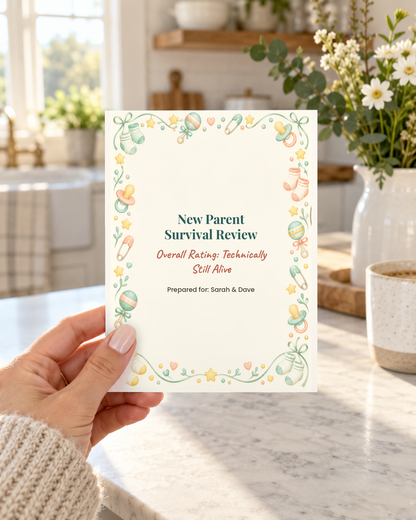 Hand holding New Parent Survival Review funny baby card