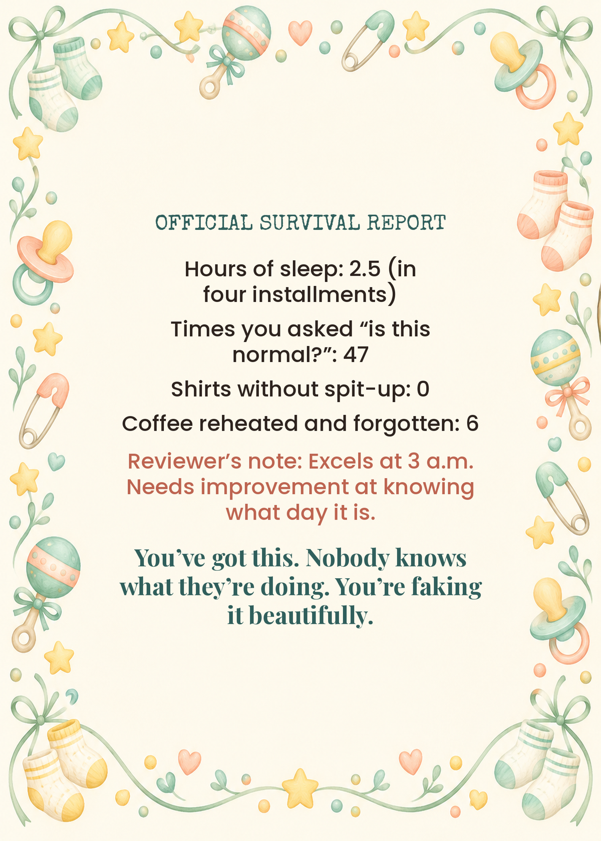 Card inside: official survival report for new parents with funny stats