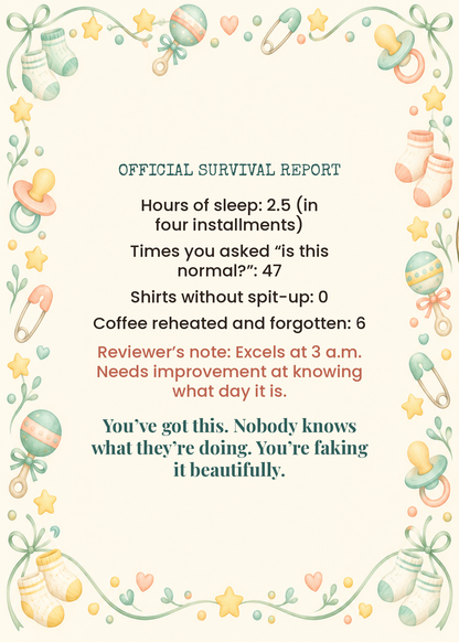 Card inside: official survival report for new parents with funny stats