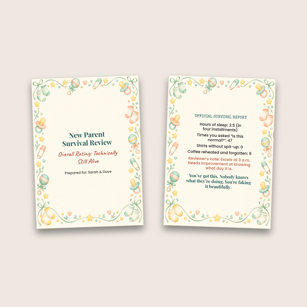 New parent survival review card cover and inside side by side