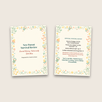 New parent survival review card cover and inside side by side