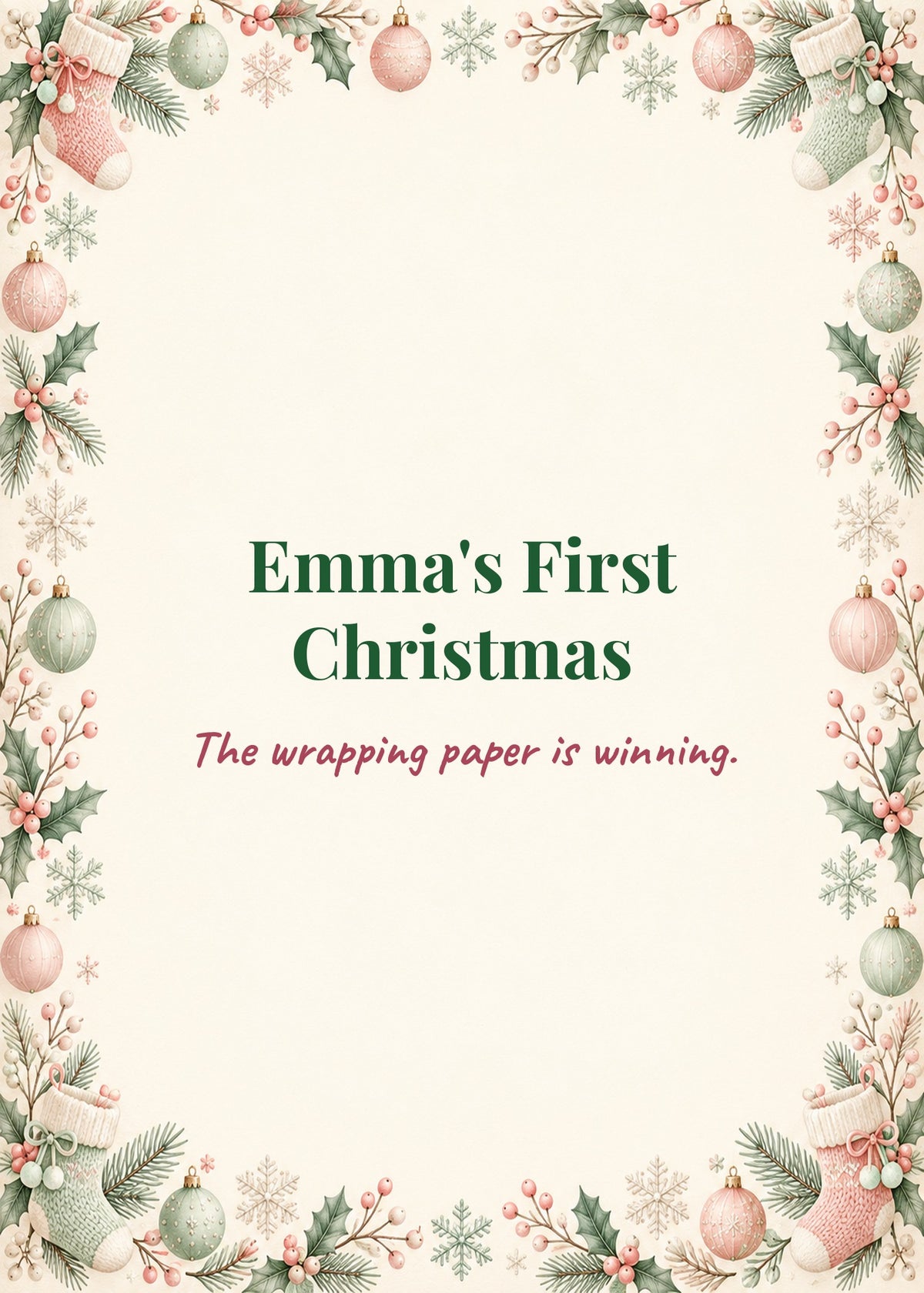 Card cover: Emma's First Christmas, the wrapping paper is winning