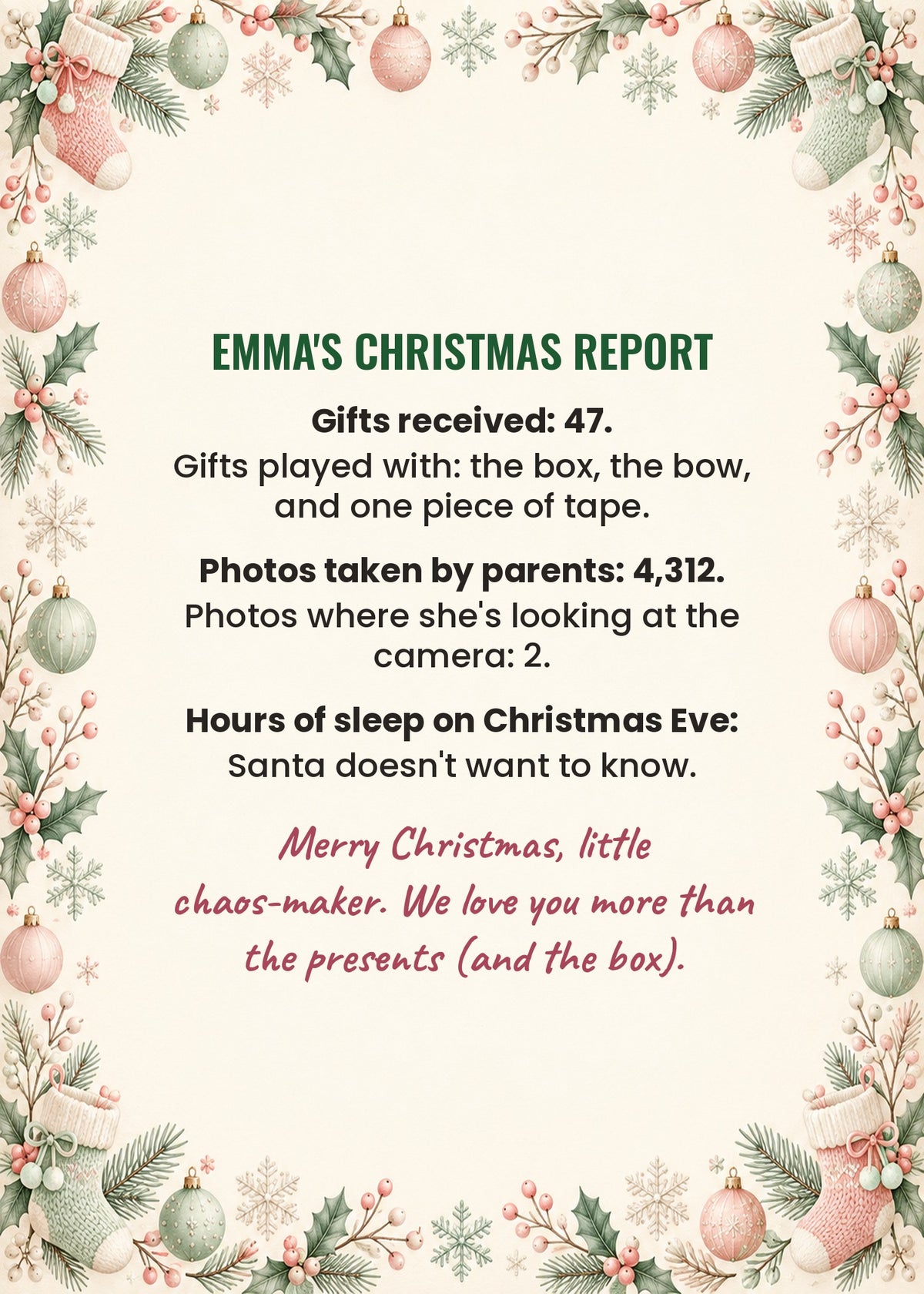 Card inside: Emma's Christmas Report with gifts, photos and sleep stats