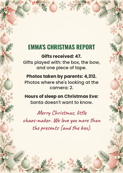 Card inside: Emma's Christmas Report with gifts, photos and sleep stats
