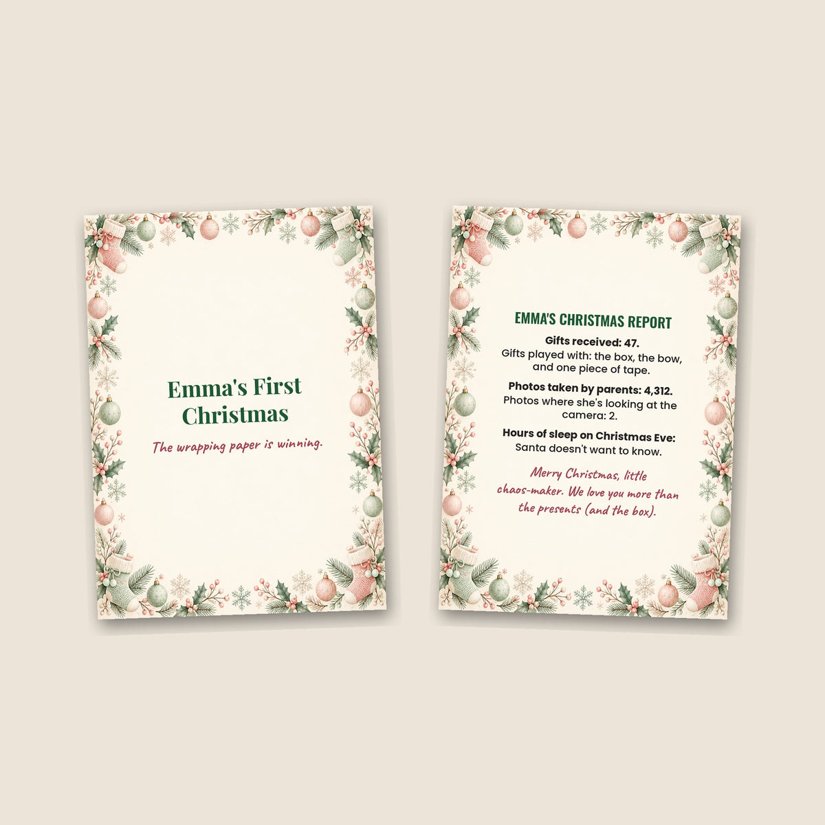 Baby's First Christmas card cover and inside side by side