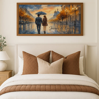 Romantic City Stroll Canvas  Personalized Couple Painting Wedding or Anniversary Gift with Names & Date