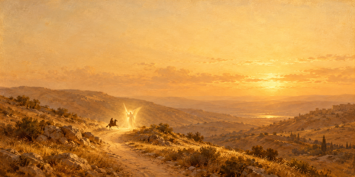Flat art of Balaam and the Angel warm sepia panoramic Bible story canvas, Numbers 22
