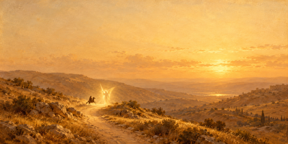 Flat art of Balaam and the Angel warm sepia panoramic Bible story canvas, Numbers 22