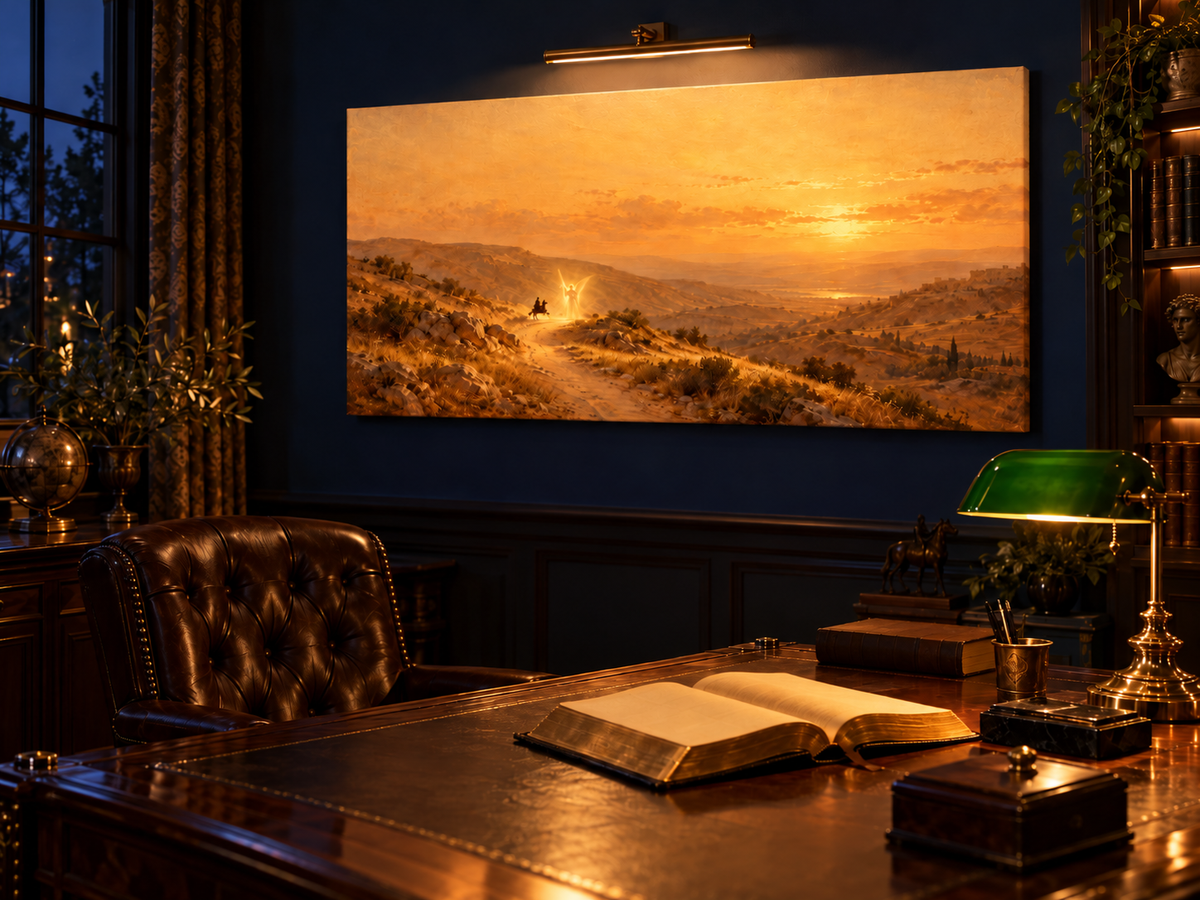 Balaam and the Angel canvas 20x10 mockup framed on the wall of a dark indigo-blue study with a mahogany desk and brass banker's lamp